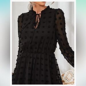 SHEIN Frenchy Long Flounce Sleeves Dress Swiss Dot Tie Neck- Black- Size: M